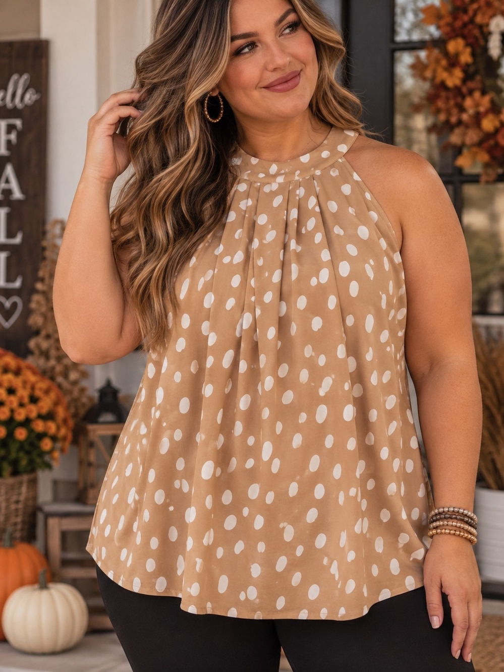 Madison Polka Dot Halter Tank in Tan and White